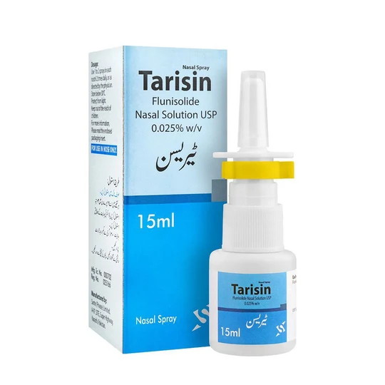 Tarisin Flunisolide Nasal Solution USP 0.025% w/v spray, 15ml, box and bottle with yellow spray nozzle