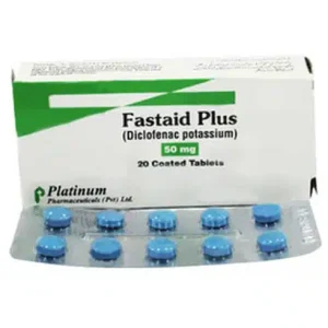 Fastaid Plus 50mg (Diclofenac Potassium) coated tablets box and blister pack by Platinum Pharmaceuticals, 20 tablets, blue tablets