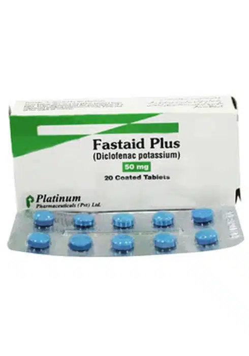 Fastaid Plus 50mg (Diclofenac Potassium) coated tablets box and blister pack by Platinum Pharmaceuticals, 20 tablets, blue tablets
