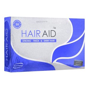 Hair Aid softgels box, 30 count, by Maxitech — blue and silver packaging for strong, thick and shiny hair
