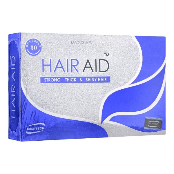 Hair Aid softgels box, 30 count, by Maxitech — blue and silver packaging for strong, thick and shiny hair