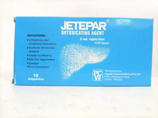Jetepar Detoxicating Agent 2ml Injection box, 10 ampoules, by Popular Chemical Works — blue packaging with liver illustration