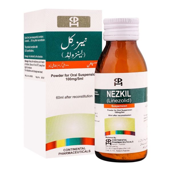 Nezkil (Linezolid) 100mg/5ml powder for oral suspension, 60ml, by Continental Pharmaceuticals — amber bottle and box
