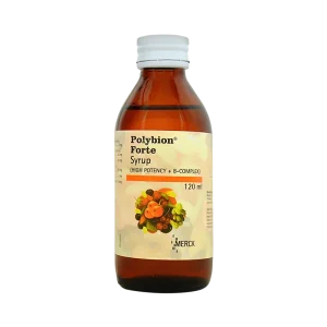 Polybion Forte Syrup 120ml by Merck — high potency B-Complex, amber bottle with white cap and fruit graphic