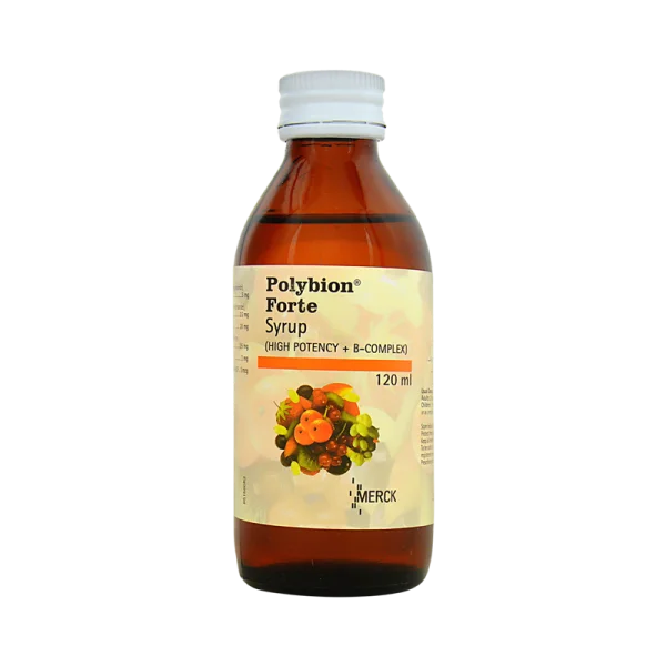 Polybion Forte Syrup 120ml by Merck — high potency B-Complex, amber bottle with white cap and fruit graphic