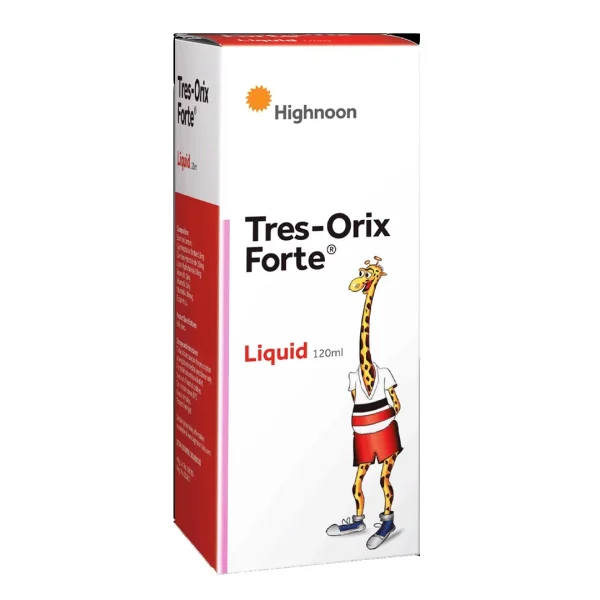 Tres-Orix Forte Liquid 120ml box by Highnoon — white and red packaging with cartoon giraffe character